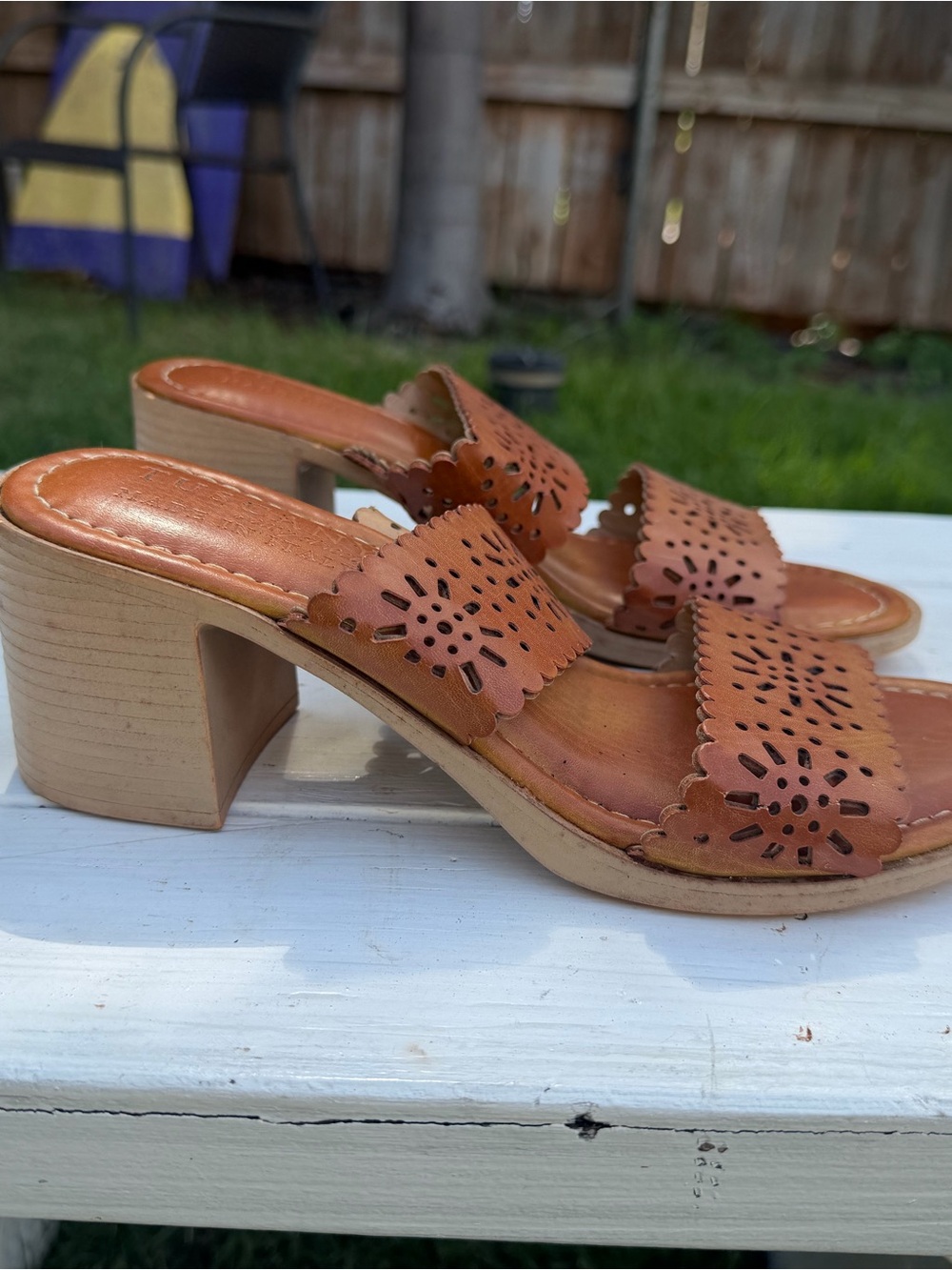 Tan Leather Laser-Cut Block Heel Slide Sandals
